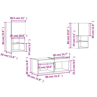 vidaXL 4-delige tv-wandmeubelset met LED-verlichting betongrijs