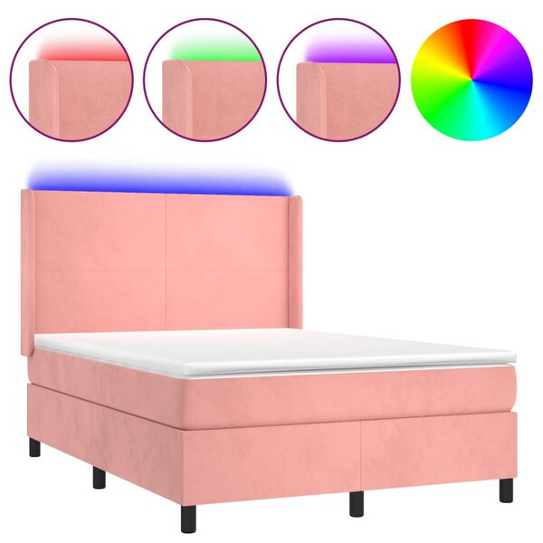 vidaXL Boxspring met matras en LED fluweel roze 140x190 cm