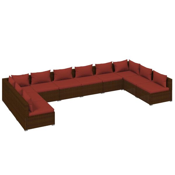 vidaXL 10-delige Loungeset met kussens poly rattan bruin
