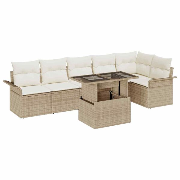 vidaXL Tuin Sofa Set met kussen met opslag 7 pcs Beige Poly riet