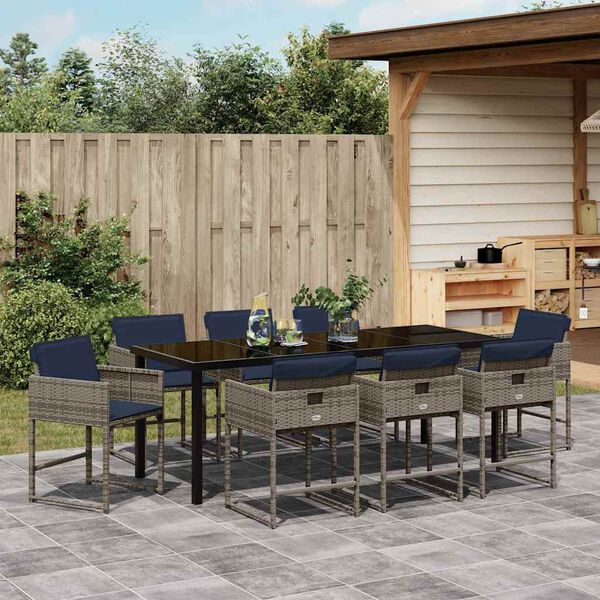 vidaXL Tuin eettafelset met kussen 9 pcs Grijs poly rattan