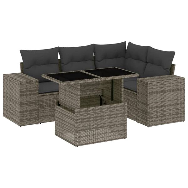 vidaXL 5-delige Loungeset met kussens poly rattan grijs