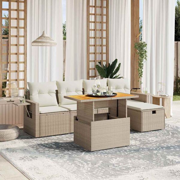 vidaXL 6-delige Loungeset met kussens poly rattan beige