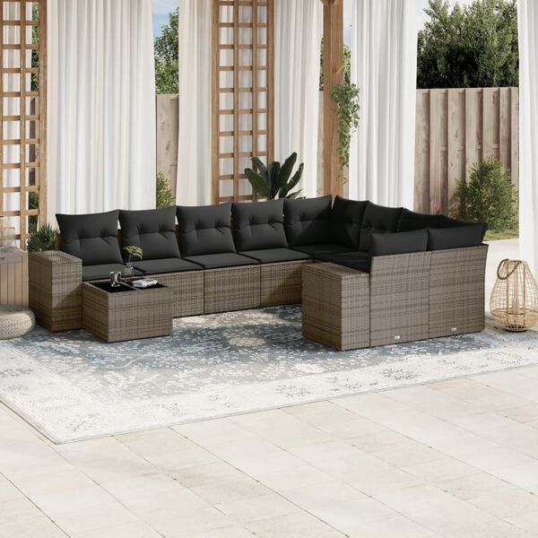 vidaXL 10-delige Loungeset met kussens poly rattan grijs