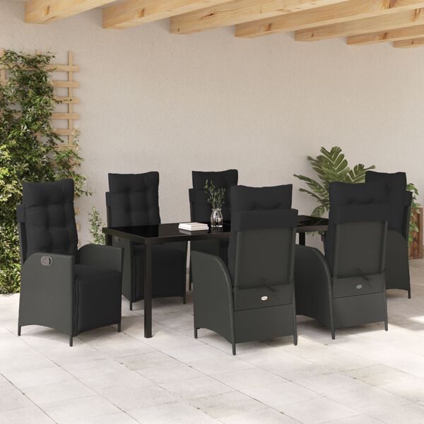 vidaXL Tuin eettafelset met kussen 7 pcs Zwart poly rattan