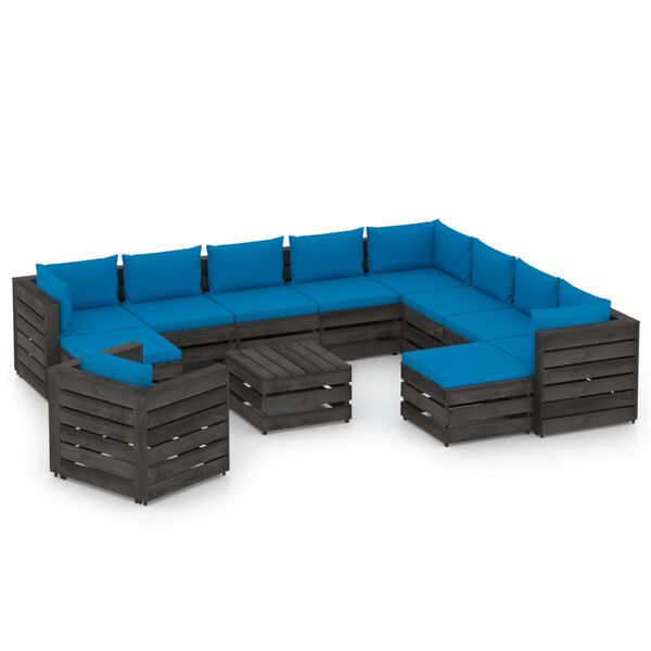 vidaXL 12-delige Loungeset met kussens grijs ge&iuml;mpregneerd hout