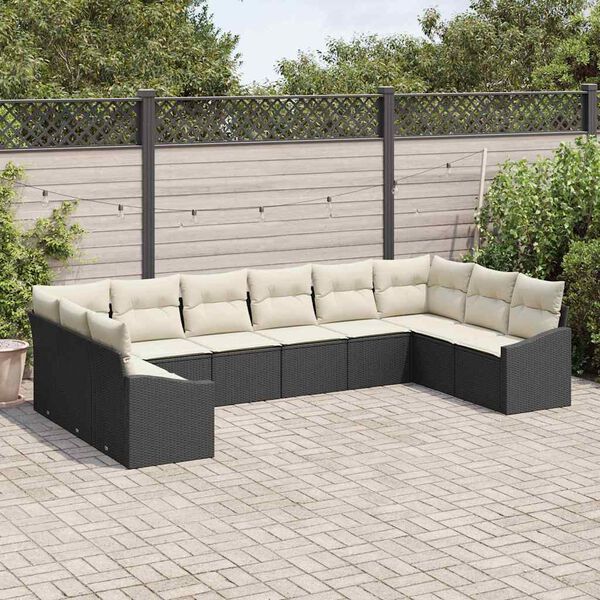 vidaXL Tuinbankenset met opslag 10 pcs Zwart en Cr&egrave;me poly rattan