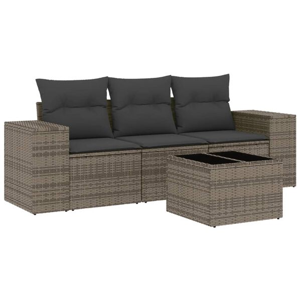 vidaXL 4-delige Loungeset met kussens poly rattan grijs