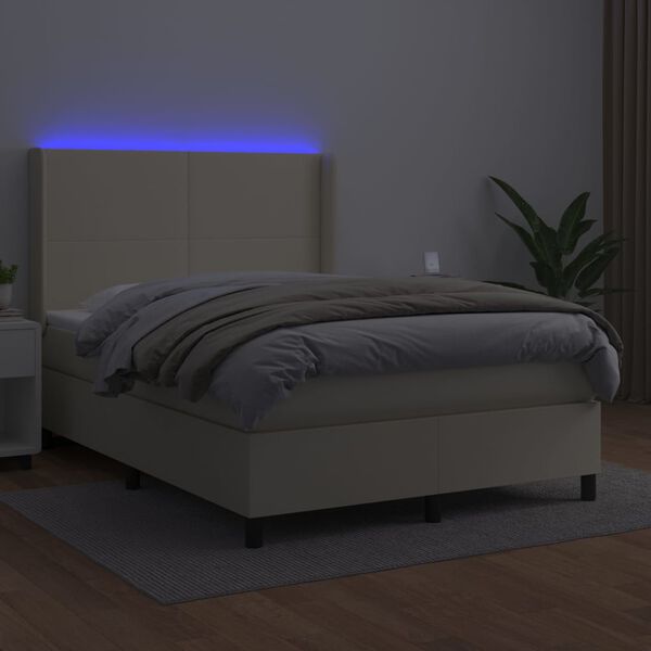 vidaXL Boxspring met matras en LED kunstleer cr&egrave;mekleurig 140x190 cm