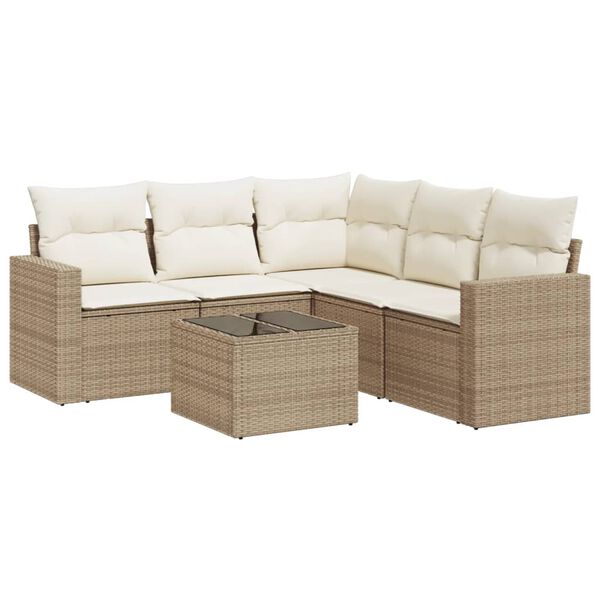 vidaXL 6-delige Loungeset met kussens poly rattan beige