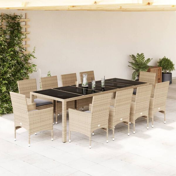 vidaXL 11-delige Tuinset met kussens poly rattan en glas beige