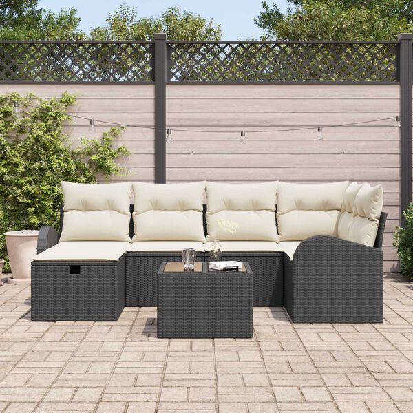 vidaXL Bankstel met kussen met opslag 7 pcs Zwart en Cr&egrave;me poly rattan