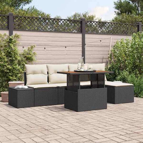 vidaXL Tuin Eetset met kussen 6 pcs Zwart en Cr&egrave;me