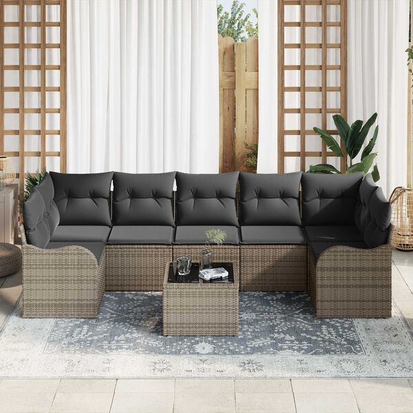 vidaXL Tuin Sofa Set met kussen 8 pcs Grijs Poly rattan, staal en glas