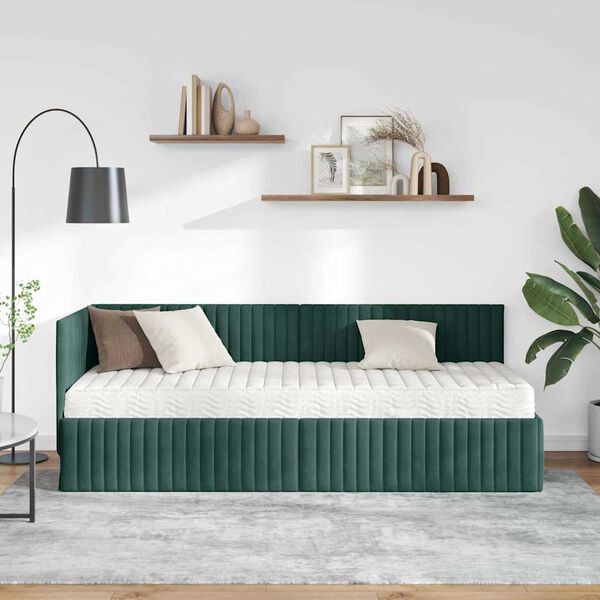 vidaXL Hoekbedframe met Matras met hoofdeinde 2 pcs Groen Fluweel