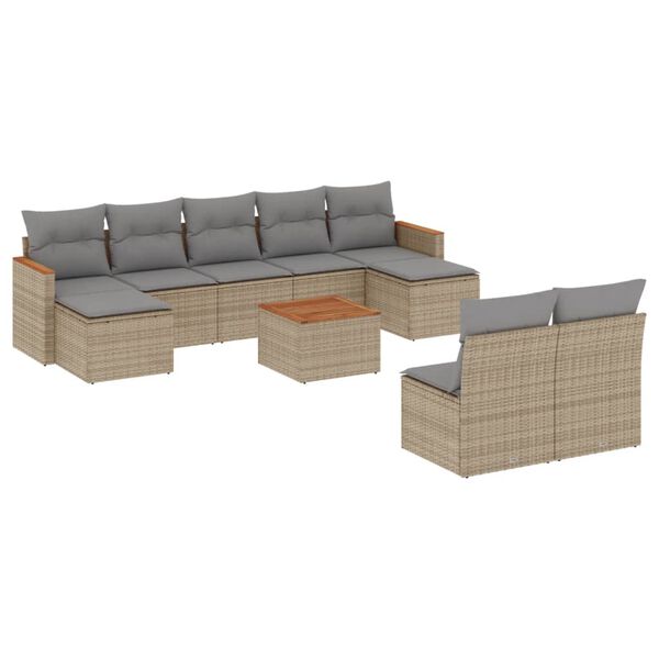 vidaXL 10-delige Loungeset met kussens poly rattan gemengd beige
