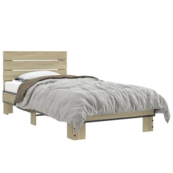 vidaXL Bedframe bewerkt hout en metaal sonoma eikenkleurig 90x190 cm