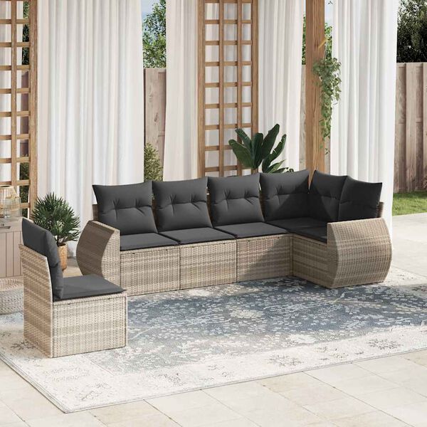 vidaXL 6-delige Loungeset met kussens poly rattan lichtgrijs