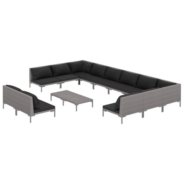 vidaXL 13-delige Loungeset met kussens poly rattan donkergrijs