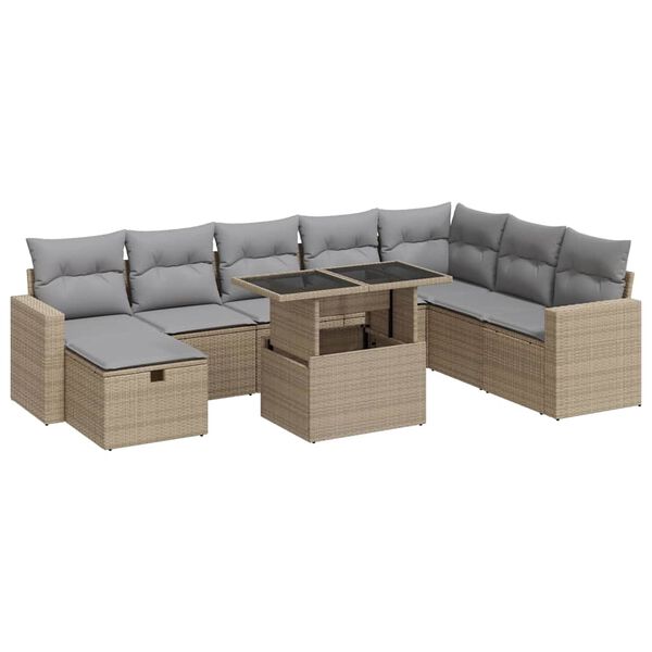 vidaXL 9-delige Loungeset met kussens poly rattan beige