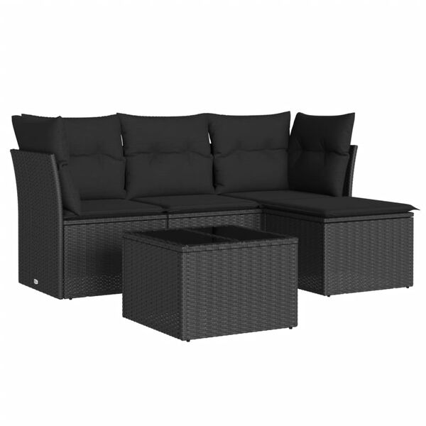 vidaXL 5-delige Loungeset met kussens poly rattan zwart
