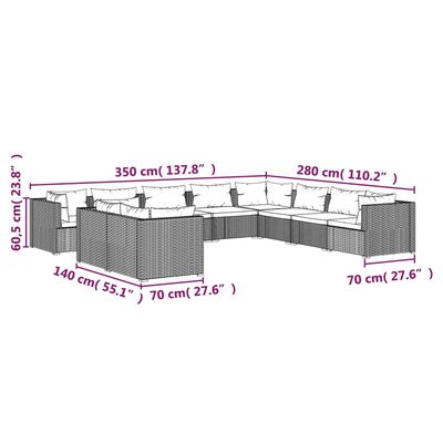 vidaXL 10-delige Loungeset met kussens poly rattan bruin