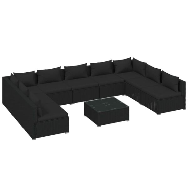 vidaXL 10-delige Loungeset met kussens poly rattan zwart