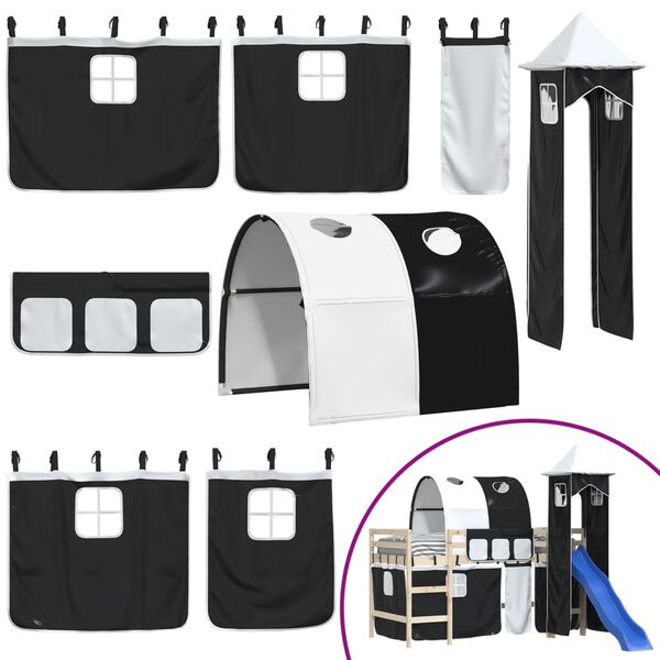 vidaXL Gordijnen voor hoogslaper met tunnel en toren wit en zwart