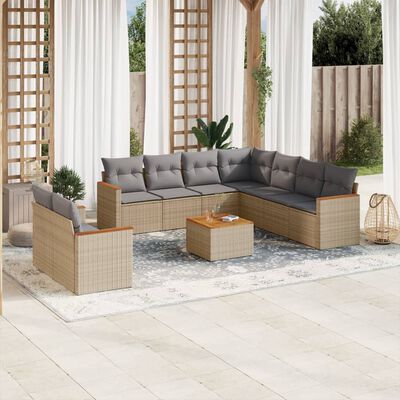 vidaXL 10-delige Loungeset met kussens poly rattan gemengd beige