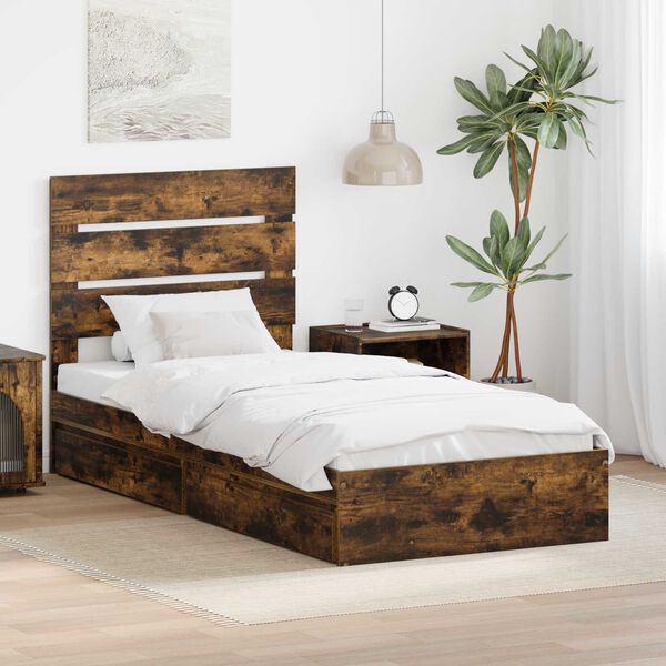 vidaXL Opslag bed met lade Gerookt eiken 70 x 190 cm Bewerkt hout