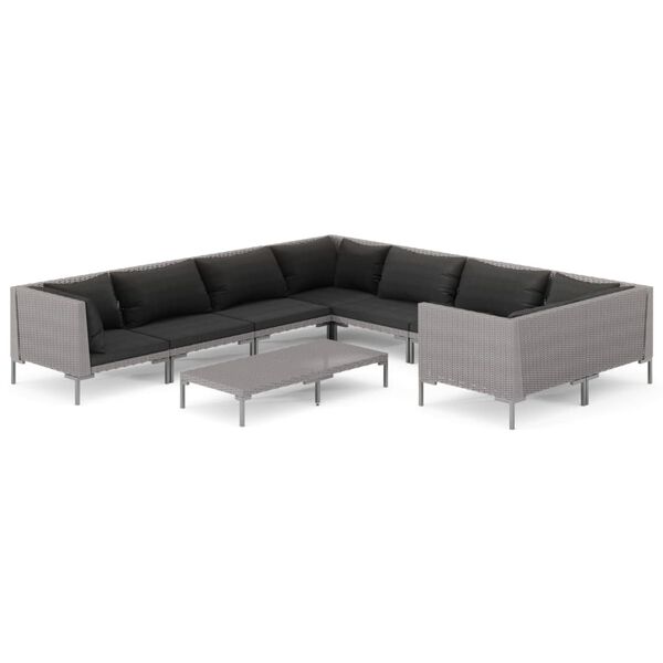 vidaXL 9-delige Loungeset met kussens poly rattan donkergrijs