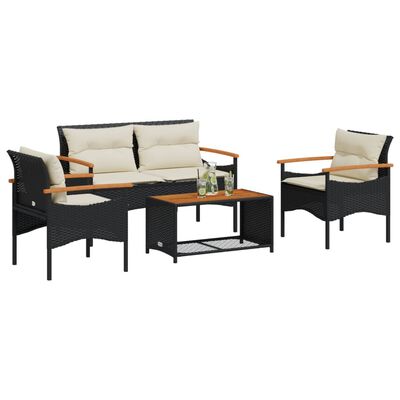 vidaXL 4-delige Loungeset met kussens poly rattan zwart