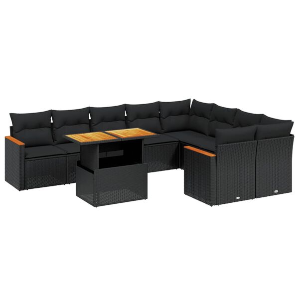 vidaXL 10-delige Loungeset met kussens poly rattan zwart