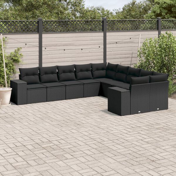 vidaXL 10-delige Loungeset met kussens poly rattan zwart