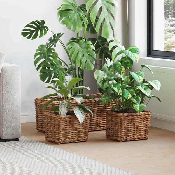 vidaXL Plantenmand met opslag 3 pcs Bruin Kubu Rattan