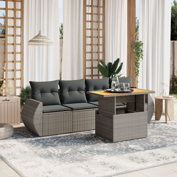 vidaXL 5-delige Loungeset met kussens poly rattan grijs