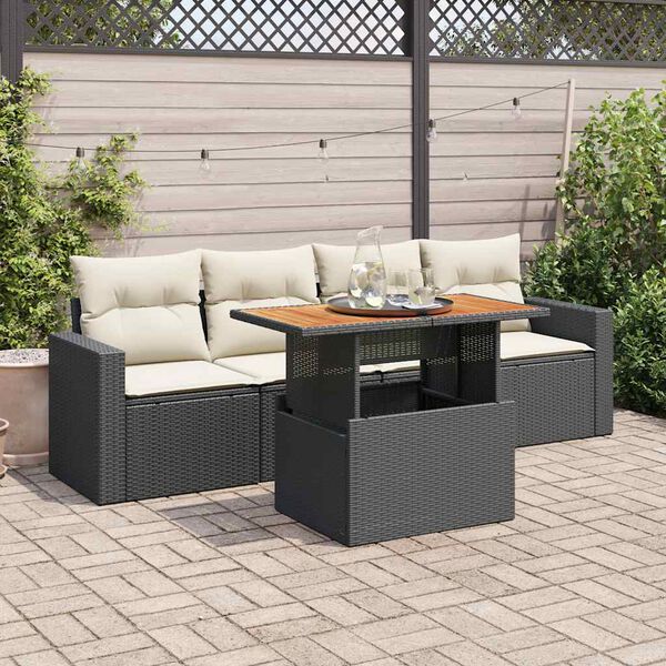 vidaXL 5-delige Loungeset met kussens poly rattan zwart