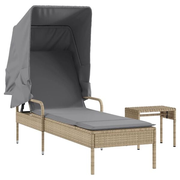 vidaXL Ligbed met luifel en tafel poly rattan beige