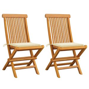 vidaXL Opklapbare stoelen met cr&egrave;mekleurige kussens, 2 stuks, massief teakhout