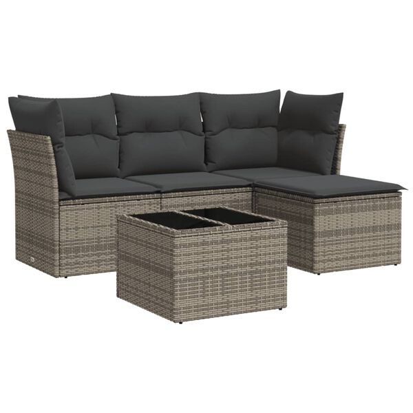 vidaXL 5-delige Loungeset met kussens poly rattan grijs