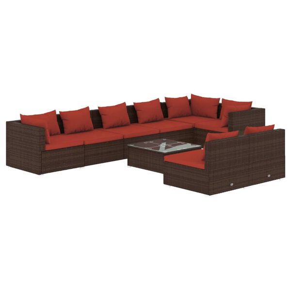 vidaXL 9-delige Loungeset met kussens poly rattan bruin