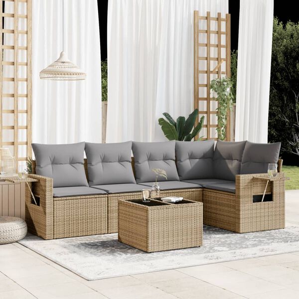 vidaXL 6-delige Loungeset met kussens poly rattan beige
