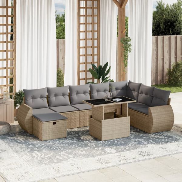vidaXL 9-delige Loungeset met kussens poly rattan beige