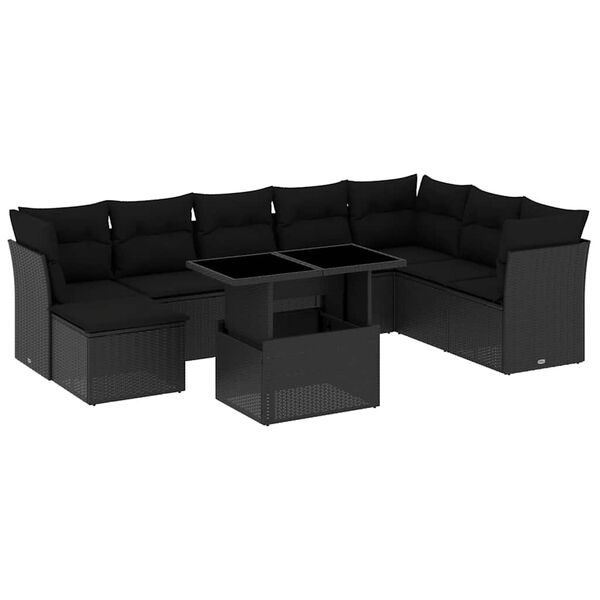 vidaXL 9-delige Loungeset met kussens poly rattan zwart