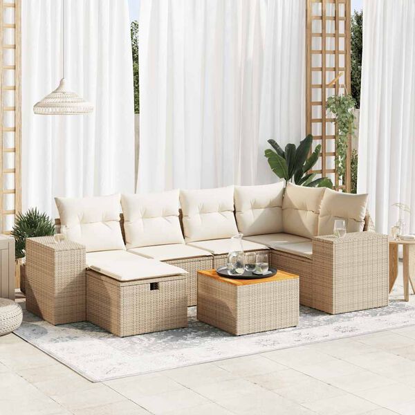 vidaXL 7-delige Loungeset met kussens poly rattan beige