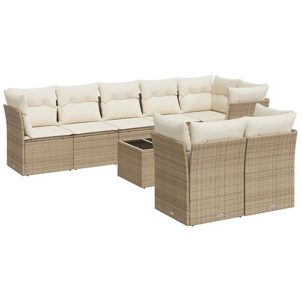 vidaXL 9-delige Loungeset met kussens poly rattan beige