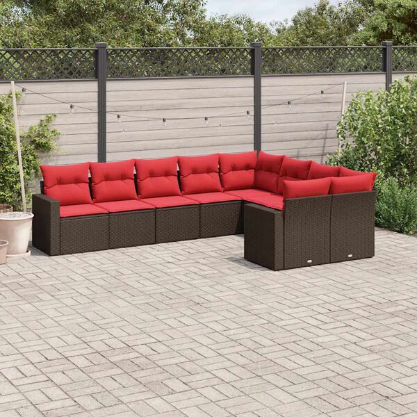 vidaXL 9-delige Loungeset met kussens poly rattan bruin