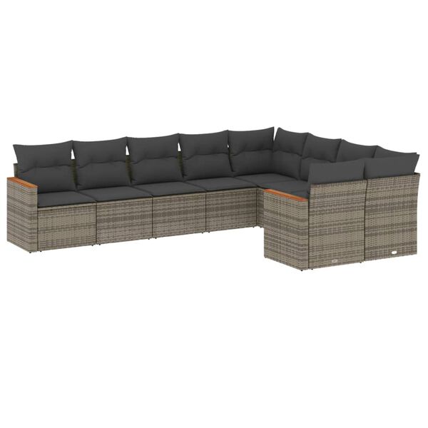 vidaXL 9-delige Loungeset met kussens poly rattan grijs
