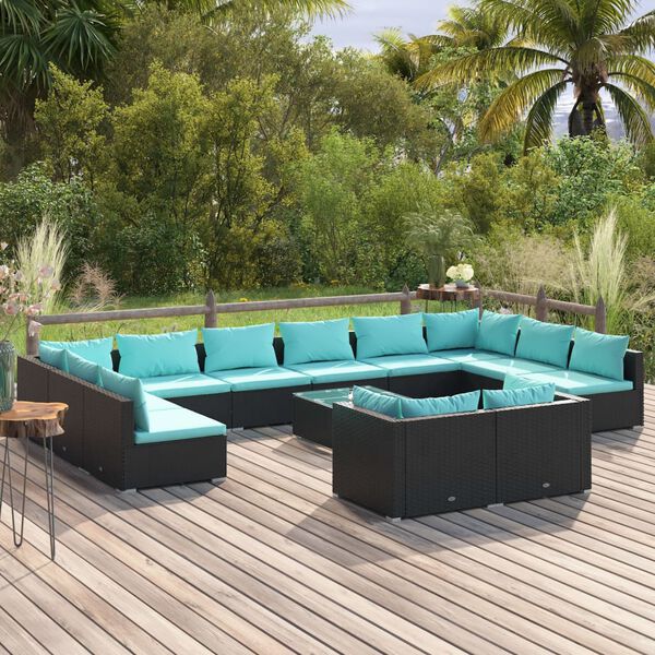 vidaXL 13-delige Loungeset met kussens poly rattan zwart