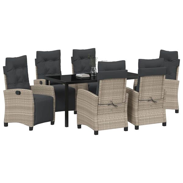 vidaXL Tuin eettafelset met kussen 7 pcs Lichtgrijs poly rattan